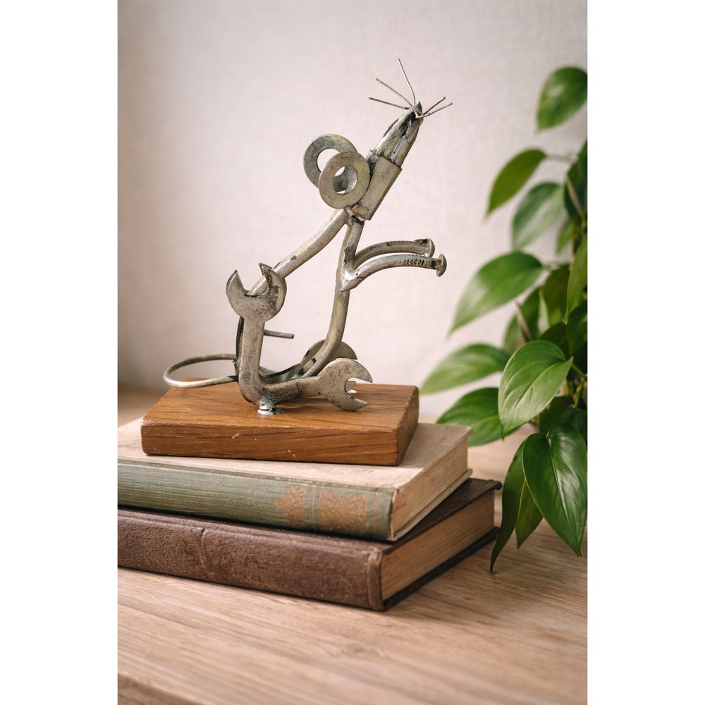 Vintage Artisan Scrap Metal Mouse Sculpture Industrial Tool Art Wood Base 4.25in